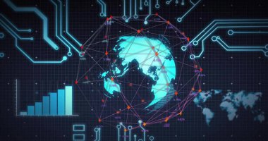 Ağ bağlantıları, devre izleri, harita silueti ve yüzdelik etiketleri ile birlikte ızgara üzerinden dünyayı gösteriliyor. Futuristik, dijital, teknoloji, bağlantı, veri, analitik, yenilik