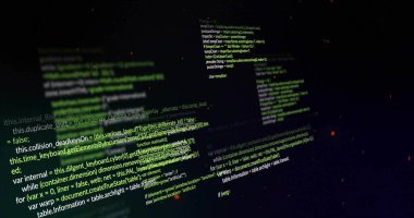 Yüzen renk kodlu parçalar parlayan turuncu beneklerle karanlık tuval üzerinde beliriyor. Teknoloji, yenilik, dijital, soyut, siber güvenlik, veri bilimi, modern