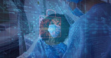 Klinikteki hastaya burun çubuğu uygulaması, PPE, örnek tüp ve asma kilit kaplamalı. Tıbbi, güvenlik, teknoloji, tanı, sağlık, koruma, güvenlik