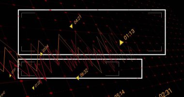 Siyah ızgarada beyaz dikdörtgen çerçeveler, zaman damgalı grafikler ve sarı kalemler gösteriliyor. Teknoloji, veri görselleştirme, analitik, finans, dijital arayüz, fütüristik, grafik