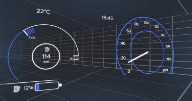 Diğer okumalarla birlikte kablo arkaplanı üzerinde Eko veya Güç göstergesi ve hız göstergesi gösteren gösterge paneli. Teknoloji, otomasyon, yenilik, otomotiv, dijital arayüz, analitik