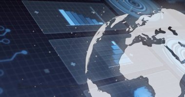 Noktalı 3 boyutlu küre hologram ekranda dönüyor, çizelgeler, ışık parçacıkları, kopyalama uzayı. Dijital, geleceksel, teknoloji, veri, yenilik, birlik, modern