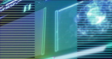 Neon paneller, kod görüntüleme ve dönen küre ile tarama çizgileri üzerinde arayüz görüntüleniyor. Fütürist, dijital, holografik, siber, arayüz, neon, bilim kurgu