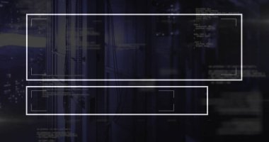 Veri merkezinde süzülen arayüz dikdörtgenleri, sunucu rafları, ağ kabloları ve kod parçaları. Teknoloji, siber güvenlik, dijital, geleceksel, ağ, veri, arayüz