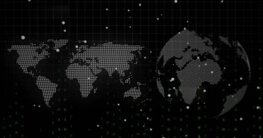 UI gösterimi noktalı dünya haritası ve yerküreyi yüzen ikili rakamlarla karanlık ızgara çizgilerinde gösteriyor. Teknoloji, veri, analitik, siber, dijital, fütüristik, yenilik