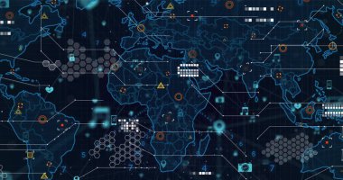 Altıgen şebekeler, sayısal bloklar ve devre çizgileri ile dijital dünya haritası gösteriliyor. Teknoloji, veri görselleştirme, siber güvenlik, bağlantı, kablosuz, analitik, fütüristik