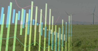 Yarı şeffaf bar grafikleri ve eğri çizgi grafikleri çimli çayır üzerinde rüzgar türbinleri ile kaplanıyor. Sürdürülebilirlik, yenilenebilir enerji, veri görselleştirme, çevre, teknoloji, yenilik