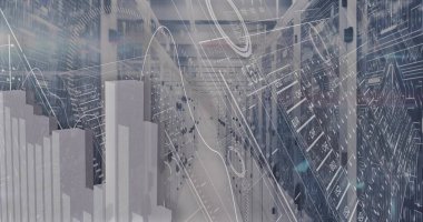 Veri merkezi koridorunda sunucu rafları, çizgi grafikleri, üç boyutlu çubuklar, para birimi saatleri gösteriliyor. Futuristik, teknoloji, dijital, finans, veri, soyut, siber