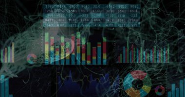 Verileri çubuk, pasta ve çizgi grafikleri, sayısal tablolar ve neon çizgilerle gösteriliyor. Fütürist, dijital, neon, soyut, arayüz, teknoloji, veri