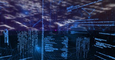 Sayısal akımlarla siber uzayda şebeke üzerinde süzülen şeffaf kod panelleri. Fütürist, dijital, soyut, veri, teknoloji, siber, dolambaçlı