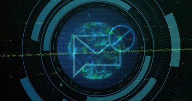 E- posta simgesi eşmerkezli halkalar, dalga biçimi ve kod akışlarıyla birlikte görüntüleniyor. Gelecek, teknoloji, arayüz, dijital, veri, görselleştirme, soyut