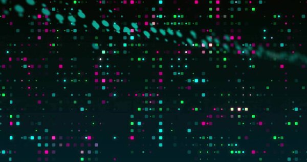 Плавающие неоновые квадраты и круговые точки, формирующие сетку данных в темном виртуальном пространстве, цифровом интерфейсе. Футуристический, киберпанк, Мбаппе, неон, технология, цифровая, pampma
