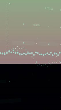 Gradyan arkaplan üzerinde veri noktaları ve sayısal değerleri gösteren animasyon. Analizler, veri görselleştirme, teknoloji, istatistik, soyut, geleceksel