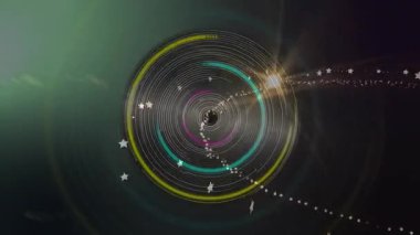 Yıldız akışı alan boyunca sürüklenerek halkalar oluşturur dönen kavisler ve dönen yıldızlar yörüngeyi görselleştirir. Soyut, dijital sanat, hareket grafikleri, fütüristik, kozmik, geometrik, canlı