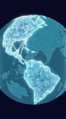 İkili kodların animasyonu, bilgisayar dili, dönen dünya ve sunucu rafları siyah arkaplan üzerinde. Dijital olarak üretilmiş, hologram, illüstrasyon, küreselleşme, kodlama, veri merkezi ve teknoloji.