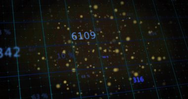 Veri uzayında süzülen sarı parçacıkları sayısal örtülerle gösteren mavi ızgara görüntüleniyor. Gelecek, teknoloji, dijital, soyut, ağ, arayüz, veri