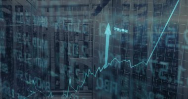 Koridorda sunucu rafları ve kablolar gösteriliyor. Finansal grafik oku ve ikili akışları kapsıyor. Teknoloji, veri, siber güvenlik, yenilik, dijital, ağ oluşturma, geleceksel