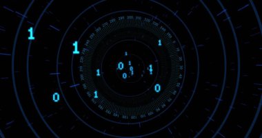 Yüzen cyan parmaklı, uzayda kene izleri olan dairesel arayüz dönen halkalar gösteriliyor. Teknoloji, fütürizm, arayüz, veri görselleştirme, hologram, siber güvenlik, yenilik