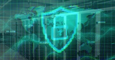 Gösterge paneli, dünya haritası ve şebeke çizgilerinde çapraz güvenlikli parlayan kalkan simgesi gösteriliyor. Siber güvenlik, veri görselleştirme, dijital ağ, yüksek teknoloji, analitik, fütüristik, güvenlik