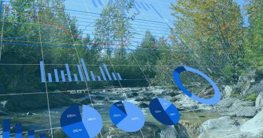 Üç boyutlu şebeke, bar, pasta, çizelge, yapraklı ağaçlardaki etiketleri taşıyan kayalık nehir yatağının üzerinden akan akıntı. Doğa, veri görselleştirme, dijital arayüz, çevre, manzara, teknoloji, soyutlama