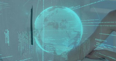 Modern iç ekranda süzülen holografik dünya küresi yansıtılıyor, yüzen kod grafikleriyle. Fütürist, dijital, arayüz, teknoloji, yenilik, dolambaçlı, şeffaf