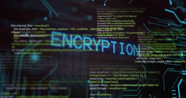 Sanal torpido gözünde devre grafikleriyle parlayan ENCRYPTION metni gösteriliyor. Teknoloji, siber güvenlik, dijital, fütüristik, veri koruması, devre, arayüz