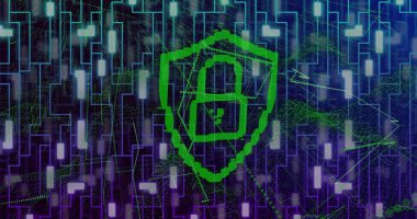 Ağ hatları ve veri düğümleriyle sanal veri ızgarasını koruyan yeşil kalkan asma kilit simgesi vuruyor. Siber güvenlik, dijital, teknoloji, koruma, ağ, şifreleme, fütüristik