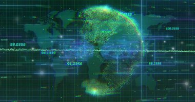 Dünya haritası silueti ve sayısal akışlarla şebeke matrisinde dönen veri küresi görüntüleniyor. Fütüristik, teknoloji, görselleştirme, analitik, dijital, yenilik, arayüz