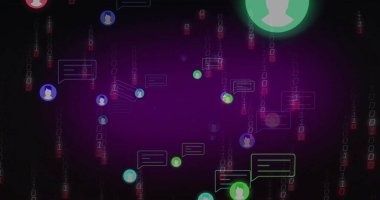 Uçan kullanıcı avatarları ve sohbet baloncukları ikili kod akışlarıyla arayüz içinde süzülüyor. Dijital, teknoloji, iletişim, fütüristik, soyut, ağ, veri