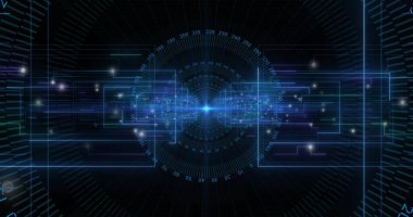 Merkezi ışık gösteren arayüz, veri akışları yapan ızgarada dairesel rakamsal arama. Gelecekçi, teknoloji, ui, sibernetik, neon, dijital, şematik