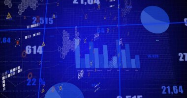 Gösterge panelinde Ocak 'tan Temmuz' a kadar uzanan altıgen kümeleri ve sayılarla birlikte mavi çubuk grafiği gösteriliyor. Veri, görselleştirme, analitik, gösterge paneli, bilgi grafikleri, teknoloji, veri odaklı