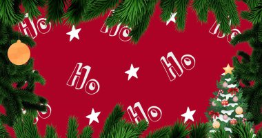 Ho yazılı Noel süslemeleri yıldızlı kırmızı arkaplanda. bayram, bayram, kutlama, kış, mutlu, yeni yıl