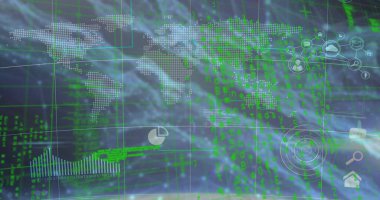Sanal gösterge paneli boyunca turta grafiği simgesiyle yeşil kod akışı gösteren noktalı dünya haritası. Teknoloji, veri görselleştirme, siber güvenlik, dijital arayüz, bilgi analizleri, fütüristik
