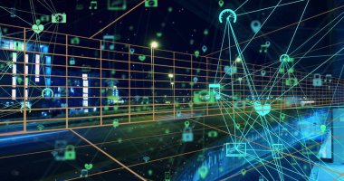 Parlak ağ, neon ikonlar ve metal korkuluklar ile geceleri şehir otobanını birbirine bağlıyor. Fütürist, dijital, teknoloji, bağlantı, siber, altyapı, canlı