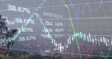 Harita kaplama şamdanlar, renkli çizgiler ve ağaç dallarıyla vadi manzarasının üzerindeki sayısal etiketler. Finansal analiz, veri görselleştirme, pazar eğilimleri, açık hava manzarası, dağ manzarası