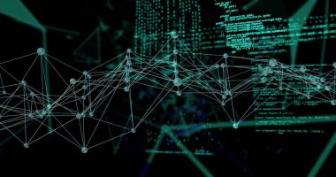 Yüzen küresel düğümler sanal uzayda ağ oluşturuyorlar, çizgiler ve parlayan kodlarla. Fütüristik, teknolojik, dijital, veri, sanal, soyut, bağlantı