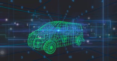 Şebeke düzlemleri ve sayısal etiketlerle simülasyon uzayında dönen neon yeşil minibüs kablosu oluşturuluyor. Gelecek, teknoloji, dijital, holografik, soyut, sanal, yenilik