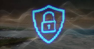 Güvenli veriler, tepeleri kaplayan neon mavi kalkan ve asma kilit ve noktalı dalgalarla dolambaçlı yol. Siber güvenlik, veri koruması, dijital güvenlik, soyut teknoloji, geleceksel tasarım