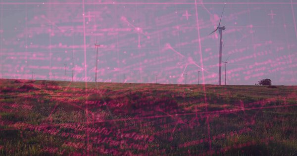 Стоящие высокие белые ветряные турбины, вращающиеся на травянистой горной ветряной ферме с отдаленными деревьями. Возобновляемые, экологически чистые, минималистские, природа, энергия, сельская местность