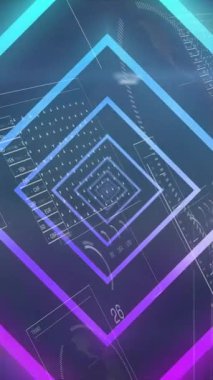 Ekranların üzerinde veri işleme ile birlikte, pürüzsüz desenli eğimli tünelin animasyonu. Bilgisayar arayüzü ve iş teknolojisi kavramı