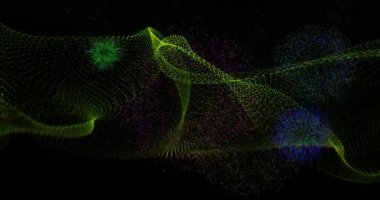 Sahne açılışında, yeşil kurdele dalgalanıyor, kırmızı soluyor ve mavi mor kümeler ortaya çıkıyor. Soyut, dijital sanat, canlı, fütürist, hareket, kozmik, enerjik