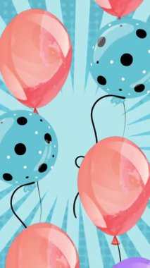 Mavi arka planda uçan renkli balonların canlandırması. parti ve kutlama konsepti dijital olarak oluşturulmuş video.