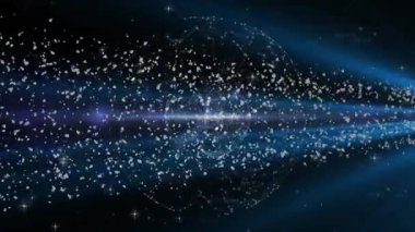 Mavi-beyaz parlama yükselen projeksiyon ışını, verileri birleştirerek titreşen kablo küresi haline getiriyor. Teknoloji, soyut, fütüristik, dijital, yenilik, iletişim, bağlantı