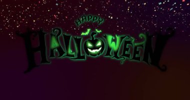 Konfetilerin parlayan Mutlu Cadılar Bayramı logosunu çevreleyen girdap parçaları kutlama yaratıyor. Şenlikli, mevsimlik, ürkütücü, canlı, animasyon, eğlence, kutlama