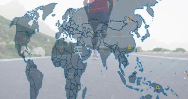 Koşucu koşusu, teknik harita örtüşmesi azalıyor, küresel yolu gösteren bölgelerde simgeler canlanıyor. Atletik, teknoloji, seyahat, dijital, modern, motivasyon, dayanıklılık