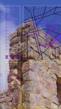 Fort ve Blue Sky 'ın görüntüsüne karşı veri işleme arayüzünün animasyonu. Bilgisayar arayüzü ve iş teknolojisi kavramı