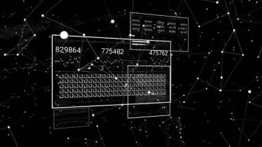 Düğüm ağı görünüyor, panel ortaya çıkıyor, paneller numaraları güncelliyor, grafikler, analiz için geri çekiliyor. Fütüristik, dijital, bilgi, teknoloji, bağlantı, veri görselleştirme, soyut
