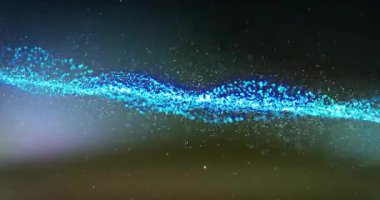 Gradyanla başlayan mavi parçacıklar sağa doğru akar, parlak kurdeleye doğru dalgalanır, solarlar. Dijital soyutlama, geleceksel tasarım, hareket grafikleri, teknolojik, dinamik, enerjik, kozmik