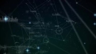 Görünen ve içe doğru sürüklenen düğümler ağ verilerini gösteren bağlantı ve nabız çizelgeleri başlatıyor. Teknoloji, veri, dijital, ağ, fütüristik, yenilik, soyut