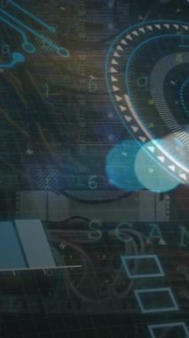 Animation of data processing with scope scanning over circuit board. Global business, finances, computing and data processing concept digitally generated video.